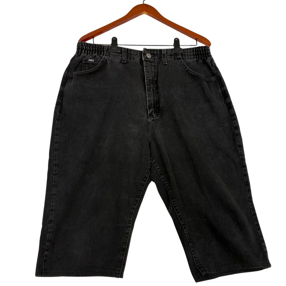 Vintage Lee Black Denim Cut Off Shorts Mens 38 Elastic Waist 100% Cotton USA